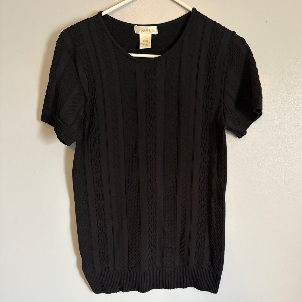 Sugar & Rose Black Textured Cable Knit Short Sleeve Top Size 1X/2X JSW1091P-2PK